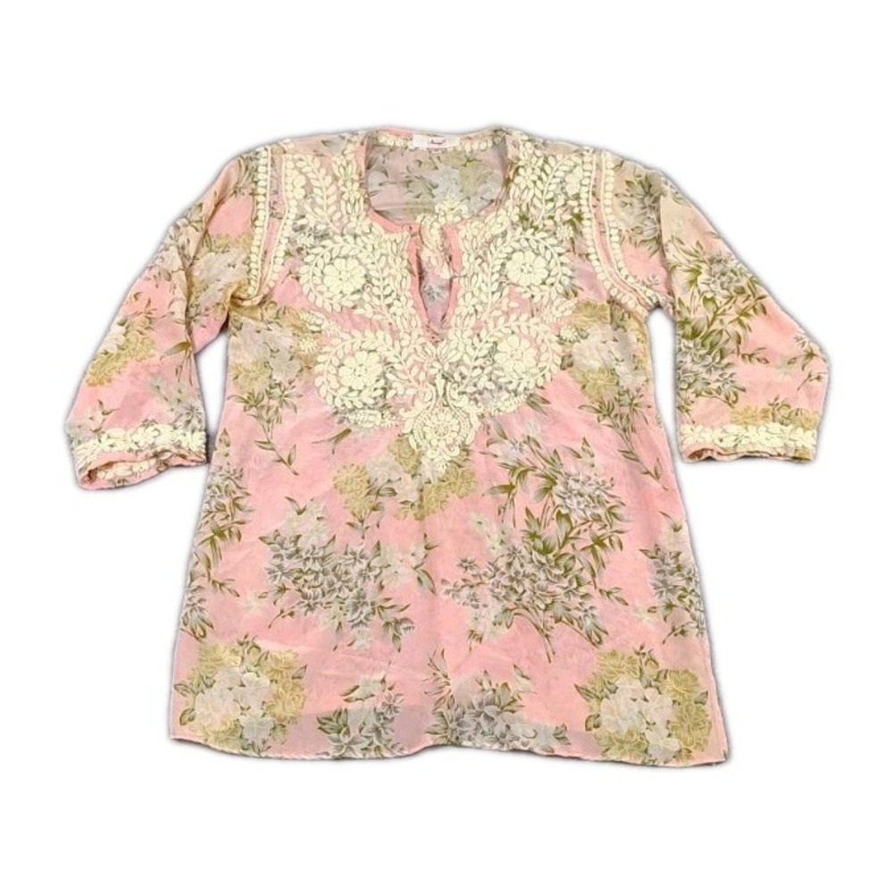 Amaya Tunic Shirt Womens 42 Pink Floral 100% Silk Embroidered Top Boho